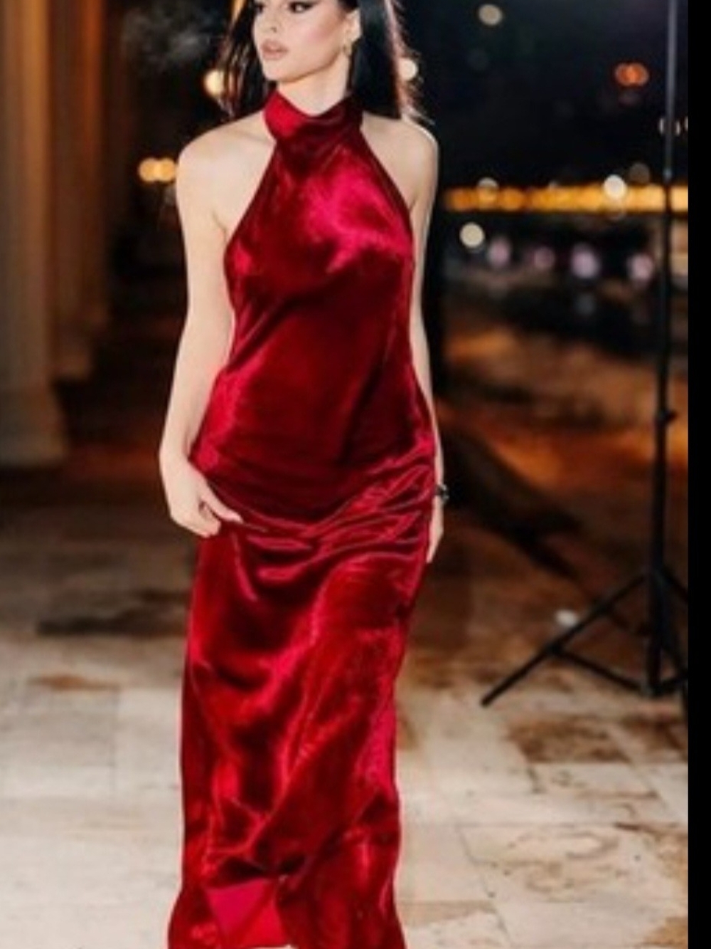 Zara Red Velvet Halter Maxi Dress.